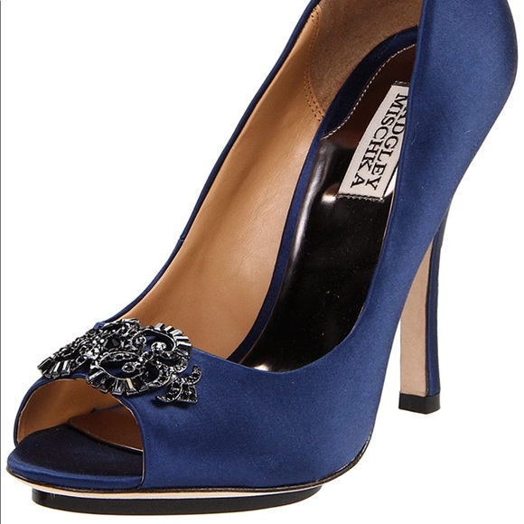 Badgley Mischka Navy satin open-toe heels - Picture 2 of 13